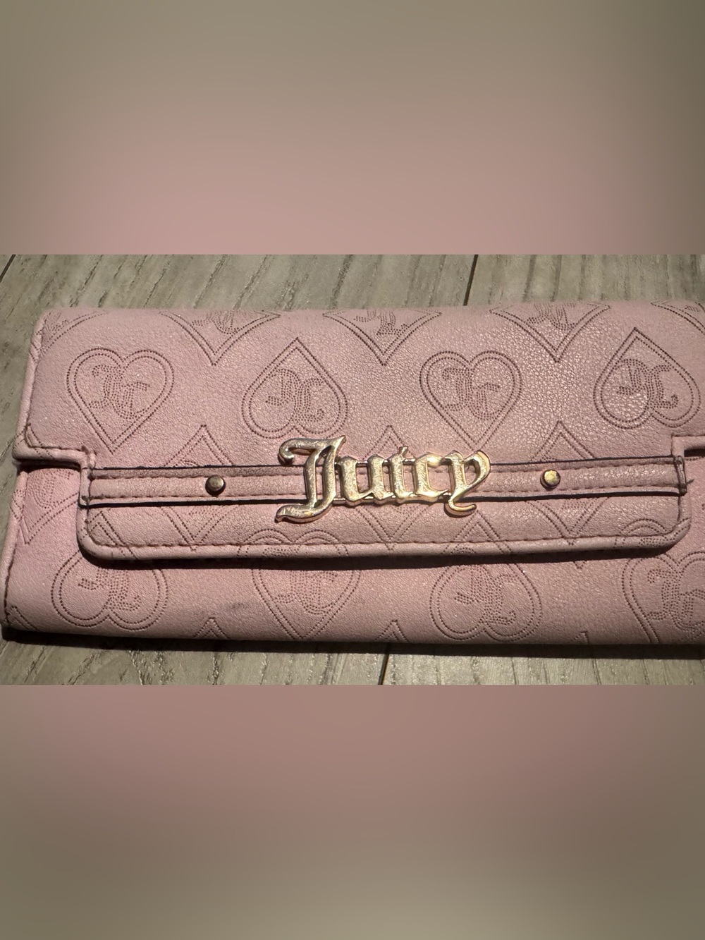 Juicy Couture Blush Pink Embossed Heart Logo Wallet with Gold Tone Script
